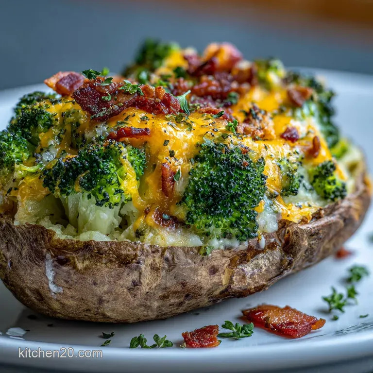 Golden potato halves overflowing with a cheesy broccoli filling, accented by crisp edges and a sprinkle of fresh herbs.