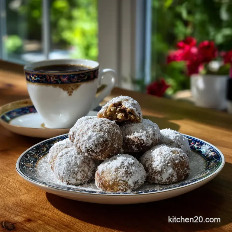 Neatly stacked snowball cookies on a delicate china plate, dusted with powdered sugar, creating an elegant, festive treat.