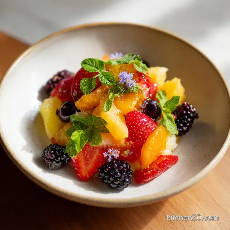 Elegant fruit salad plate: juicy berries and colorful melon attractively arranged, garnished with fresh mint leaves and a ...