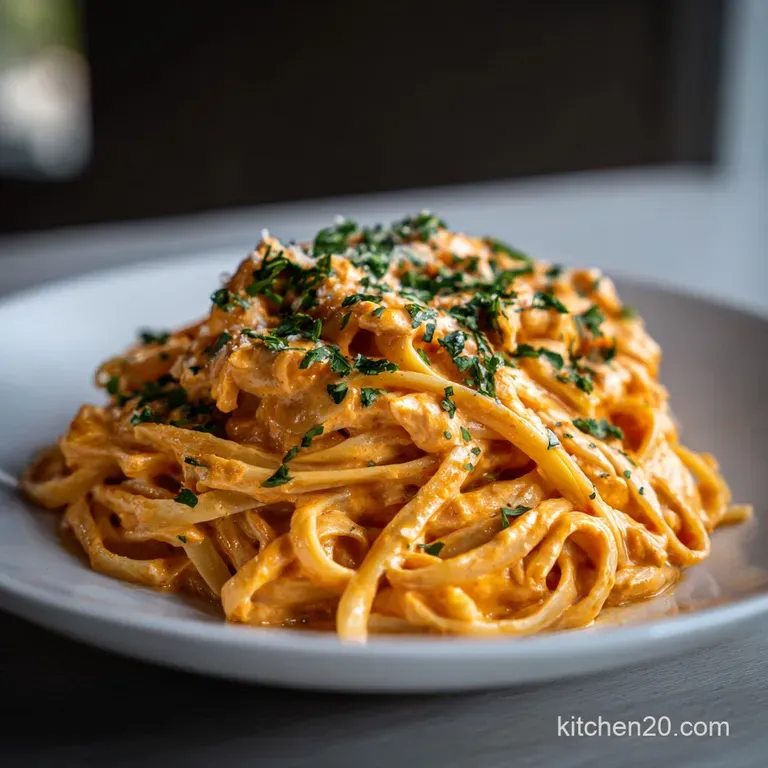Swirls of buffalo chicken pasta artfully plated, garnished with a blue cheese crumble and a sprig of parsley. Tangy and de...
