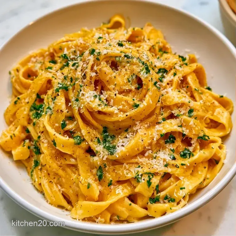Silky yellow noodles piled high in a white ceramic bowl, garnished with herbs and a pat of melting gold butter.