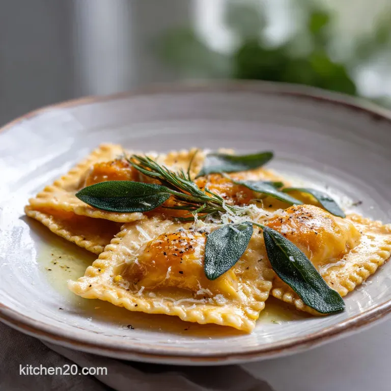 Delicate butternut squash ravioli, glistening with browned butter and sage, elegantly arranged on a white ceramic plate, i...