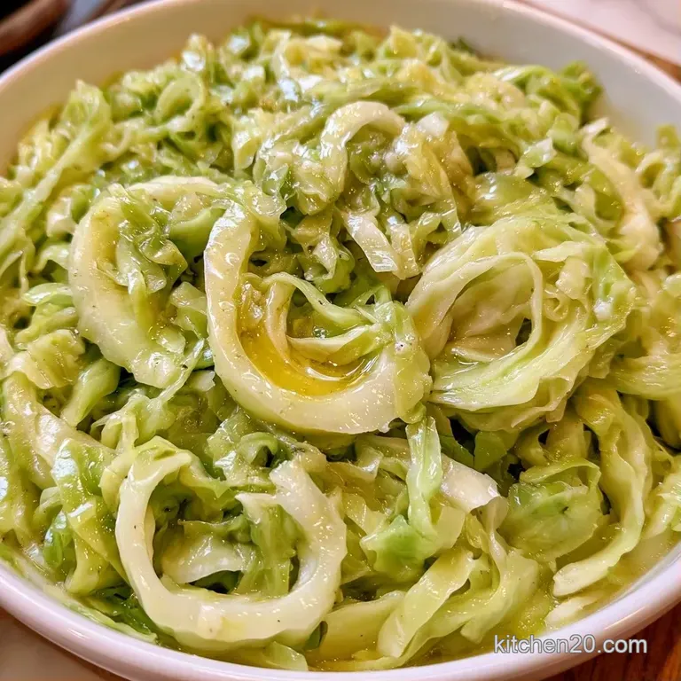 Soft, buttery cabbage ribbons piled high on a white plate, glistening with melted butter and a pinch of salt.