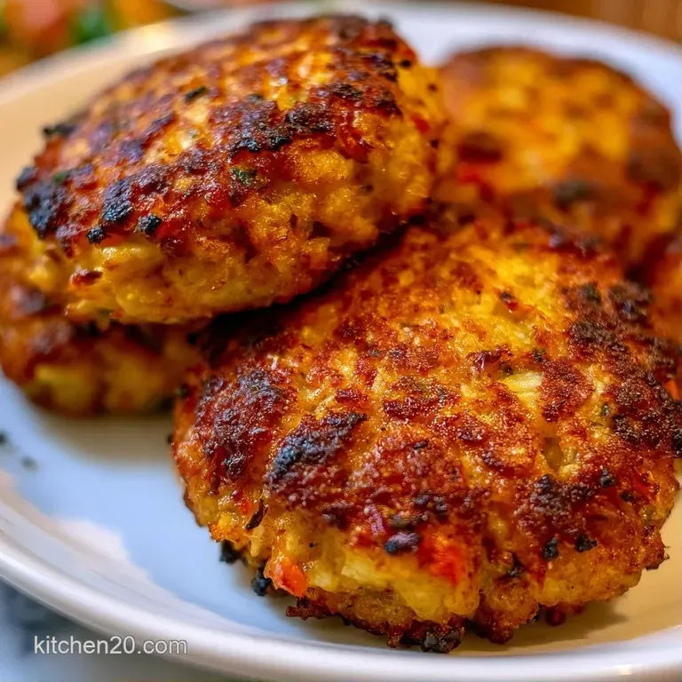 Three golden-brown patties stacked neatly with a lemon wedge and a dollop of zesty sauce on a ceramic plate.