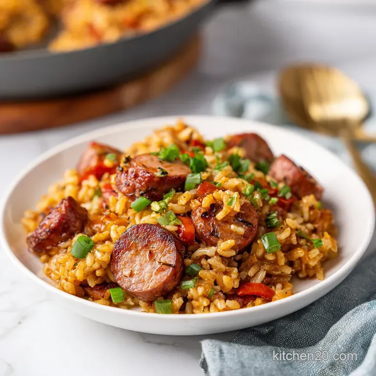A spoonful of rustic Cajun rice skillet, showcasing sausage slices, colorful peppers, and herbs atop fluffy, steaming grains.