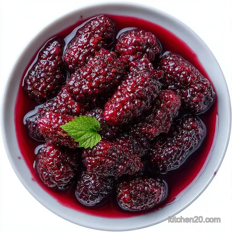 Deep violet berries glistening in a clear syrup, elegantly spooned into a small glass dish on a white tablecloth.
