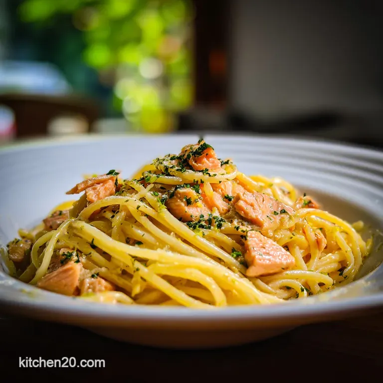 Perfectly twirled pasta with flakes of pink salmon on a white plate. Garnished with fresh dill and a lemon wedge.