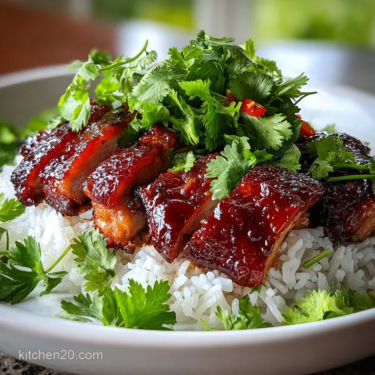 Char siu chicken with a glistening mahogany crust rests on fluffy white rice, garnished with vibrant cilantro and a bright...