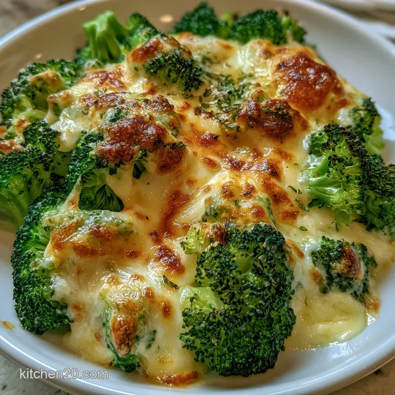 A creamy scoop of melted cheese and green broccoli florets served on a matte plate with a sprig of fresh parsley.