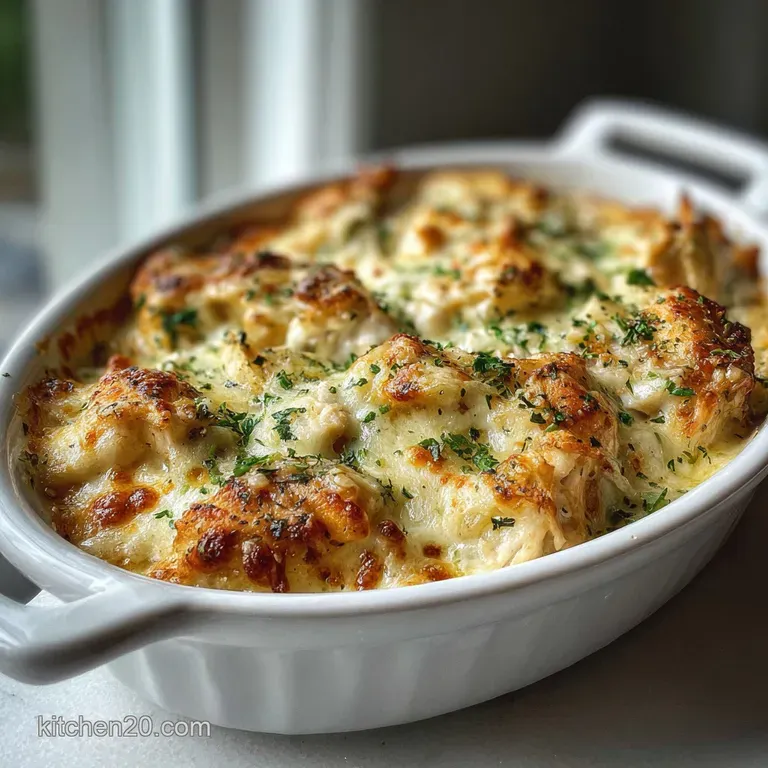 Creamy chicken casserole served in a rustic bowl. A sprinkle of fresh herbs adds a bright pop of color to the cheesy goodn...