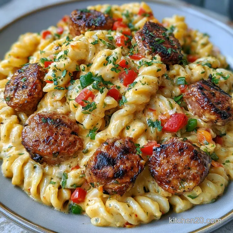 A swirl of creamy pasta and seared sausage rounds topped with fresh parsley in a matte black ceramic bowl.