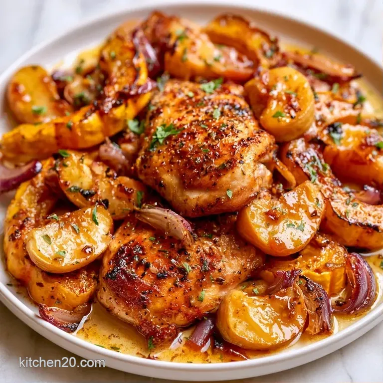 A white ceramic plate featuring seared chicken breast nestled against colorful autumn vegetables and a glossy glaze.