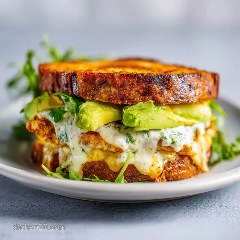 Stacked chicken avocado melt half with melted cheese oozing, vibrant green avocado, and toasted bread against a simple bac...