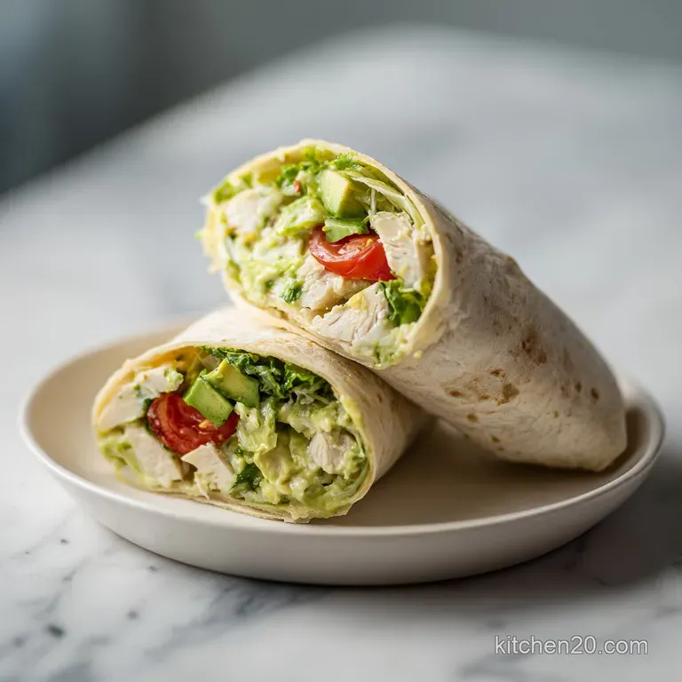 Artfully plated chicken avocado wrap halves reveal colorful layers; a tangy sauce drizzle completes the appetizing display.