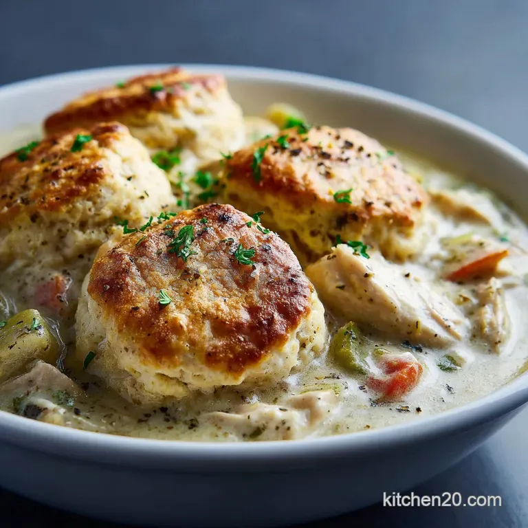A rustic bowl of chicken and dumplings, garnished with fresh herbs, steam rising to invite, creamy broth glistening.