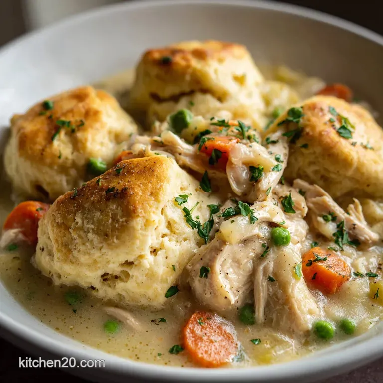 Steaming bowl of fluffy dumplings and shredded chicken in a glossy, pale yellow gravy; fresh parsley garnish adds a vibran...