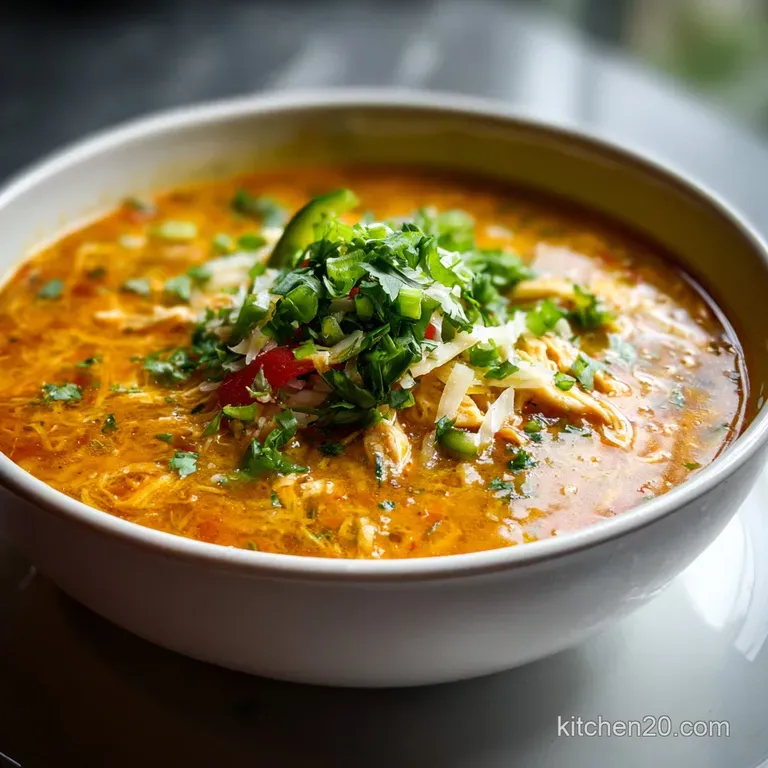 A steaming bowl of rich, red chicken enchilada soup garnished with cilantro, avocado, and a dollop of sour cream, served e...