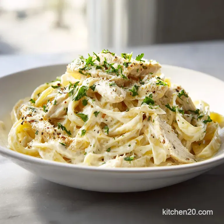 Elegant plate of fettuccine Alfredo with sliced chicken, rich, glossy sauce, and vibrant green parsley garnish on white pl...