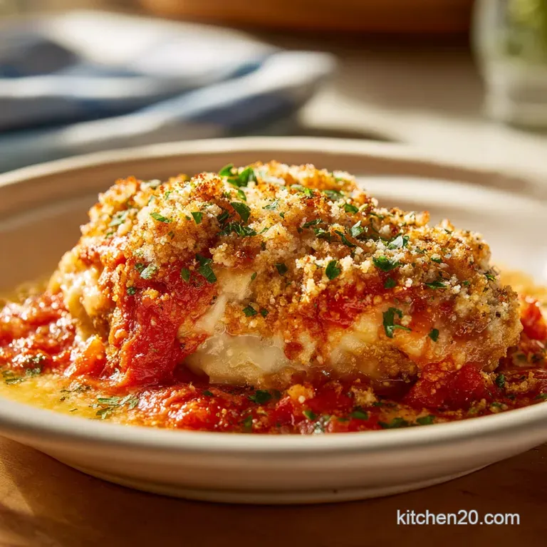 A portion of cheesy chicken parmesan casserole, oozing melted mozzarella, atop a bed of steaming pasta, garnished with basil.