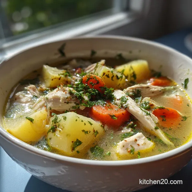 A bright bowl of chicken soup featuring golden broth, vibrant diced vegetables, and fresh herbs, garnished with a lemon we...