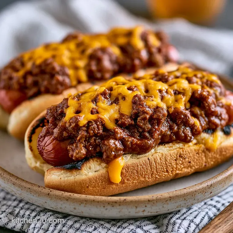 Two toasted buns on a slate platter topped with savory brown chili and gooey melted cheese, garnished with green onions.