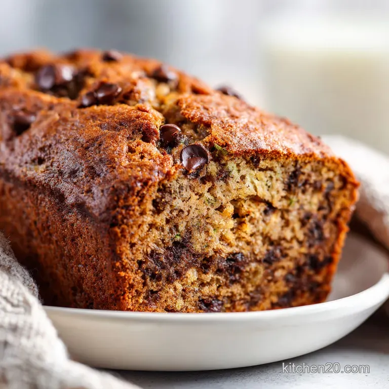 A rustic slice of moist zucchini bread with dark chocolate chips, elegantly served on a white plate.