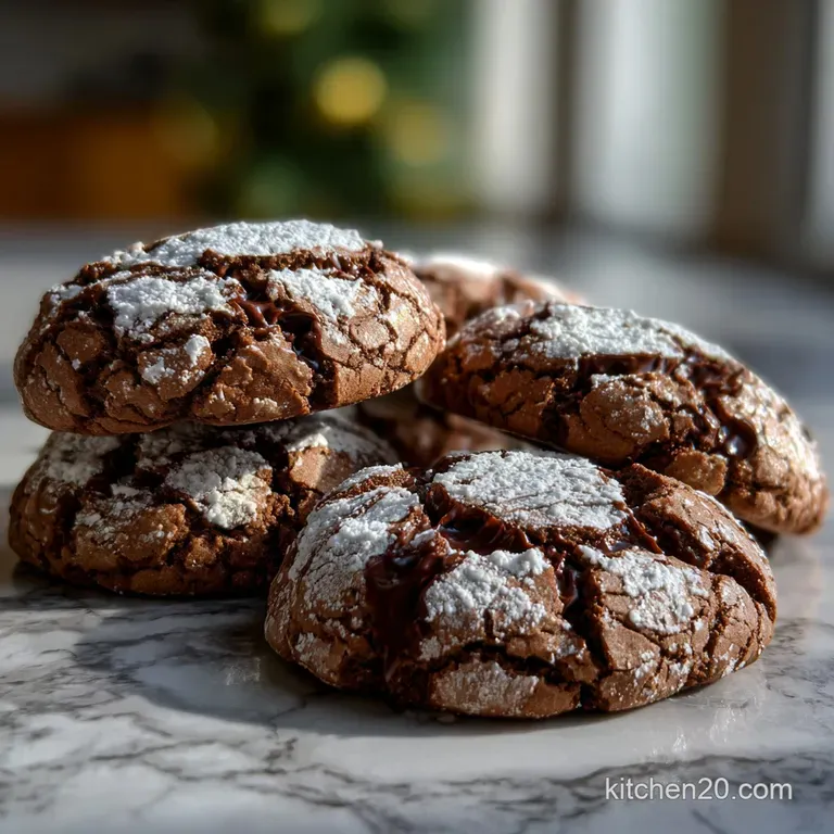 A neat stack of chocolate crinkle cookies, showing off the cracked, sugary coating, on a clean white plate.