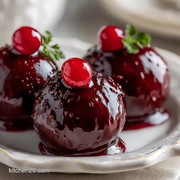 Elegant glass dish filled with dark chocolate cherries. The chocolate gleams under the light, suggesting a smooth, silky t...