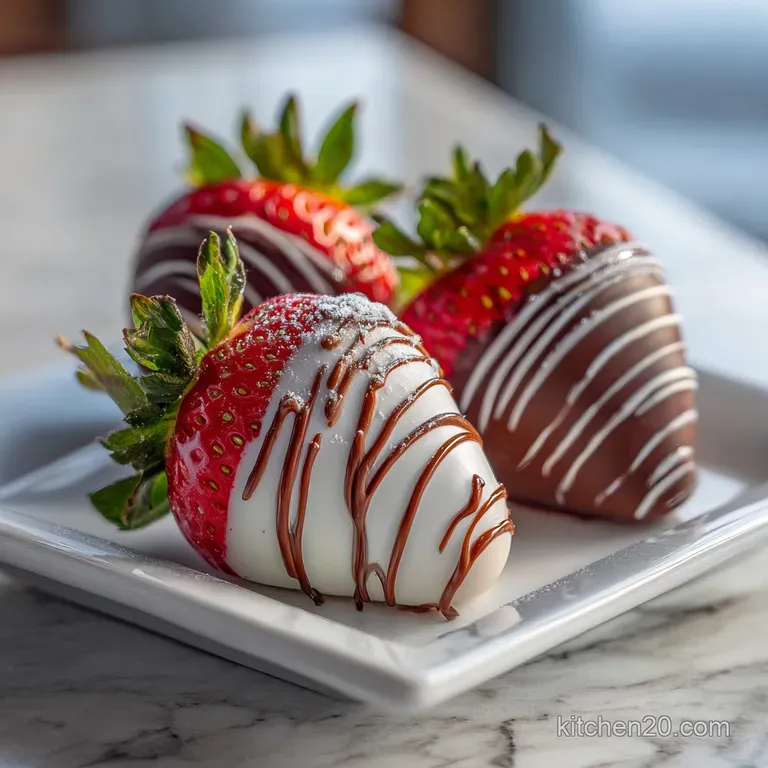 Artfully arranged chocolate strawberries on a white plate; dark chocolate reflects the light. A sophisticated, tempting de...
