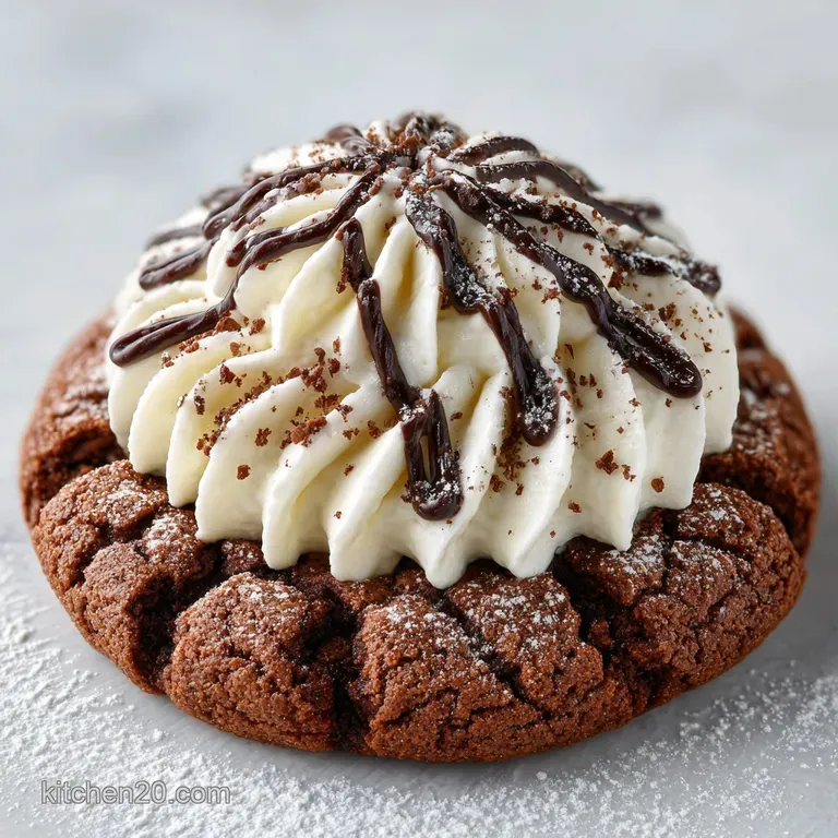 A delicate chocolate crinkle cookie topped with white cream cheese frosting, sits elegantly on a white plate against a dar...