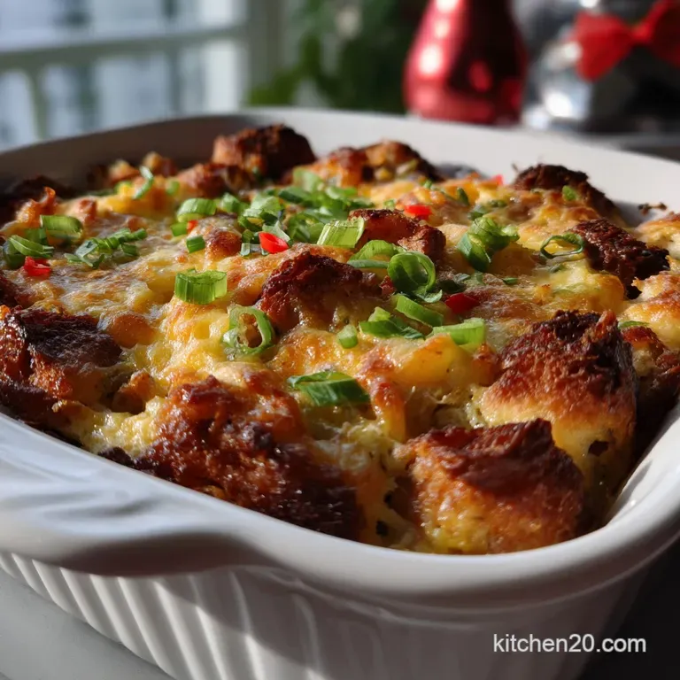 Elegant serving of a velvety egg casserole with a sprinkle of fresh chives. The creamy interior contrasts beautifully with...