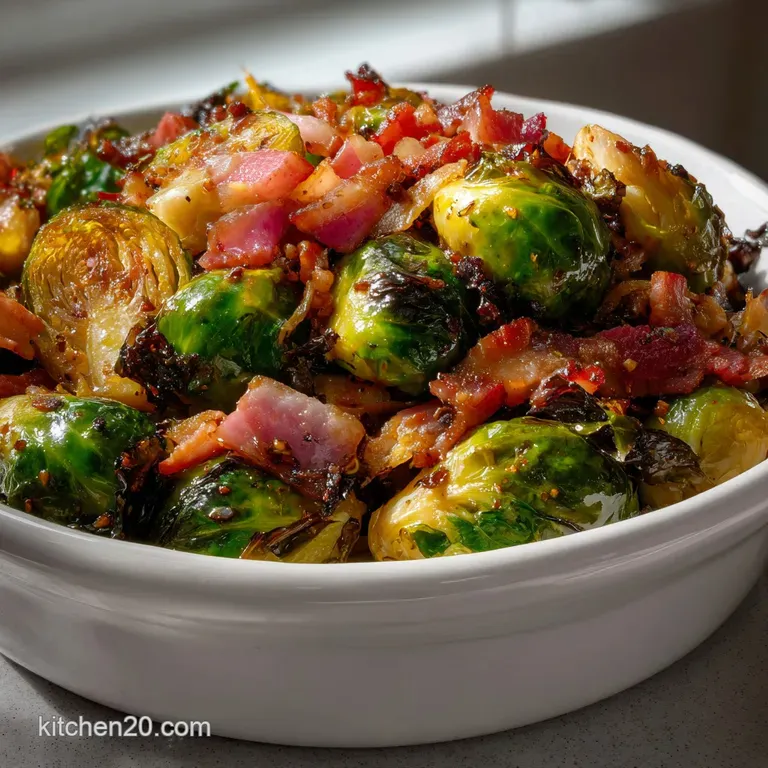 Elegant plate showcasing glazed pancetta. The crispy shards sit artfully atop a bed of caramelized sprouts, garnished with...