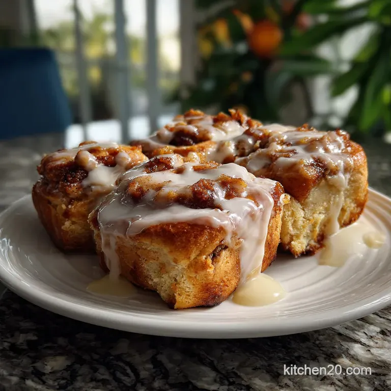 A single, beautifully frosted cinnamon roll presented on a white plate, alongside a small ramekin of warm, golden caramel ...