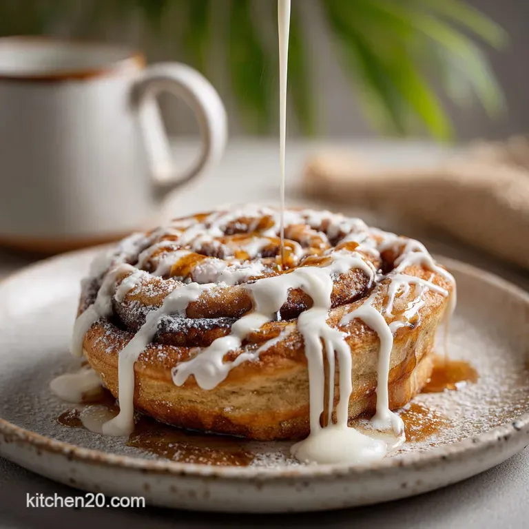Two cinnamon roll pancakes plated with a dusting of powdered sugar and a side of sweet, glistening glaze.