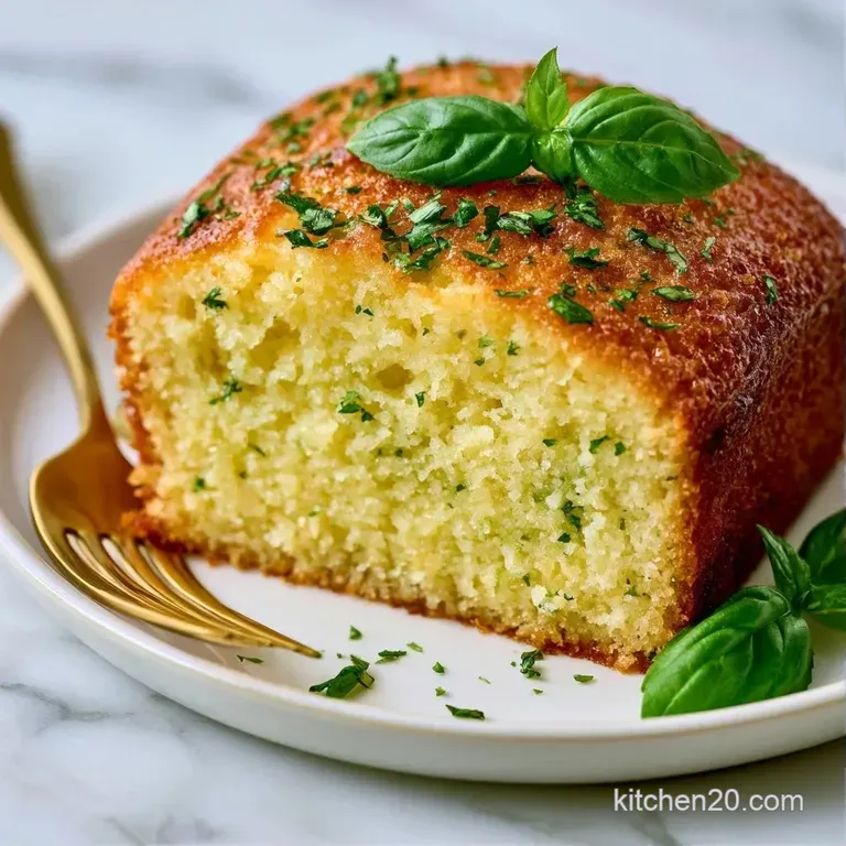 A slice of moist golden cake on a white plate, garnished with a fresh basil leaf and a drizzle of clear olive oil.