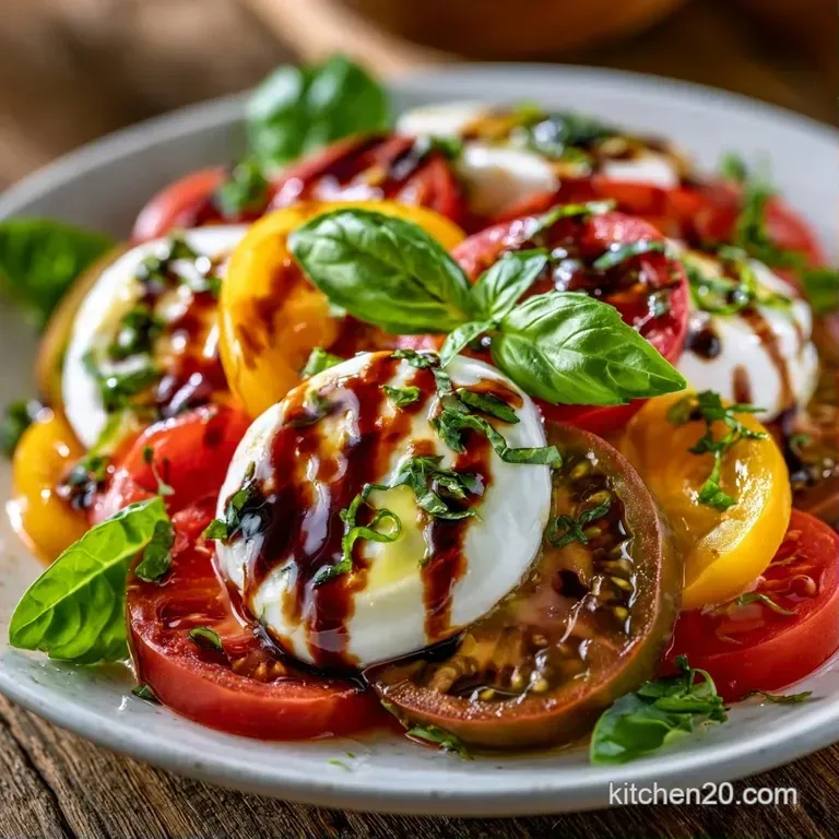 Slices of bright red tomatoes and snowy white mozzarella arranged in a circle with basil and a glossy balsamic drizzle.
