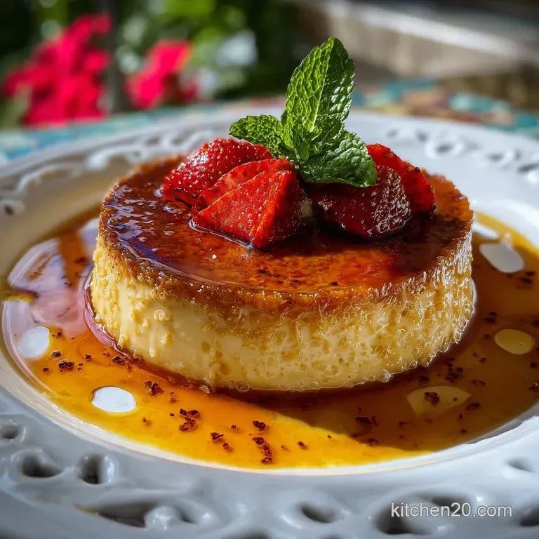 Elegant slice of flan drizzled with dark caramel sauce, garnished with delicate edible flowers on a pristine white plate. ...
