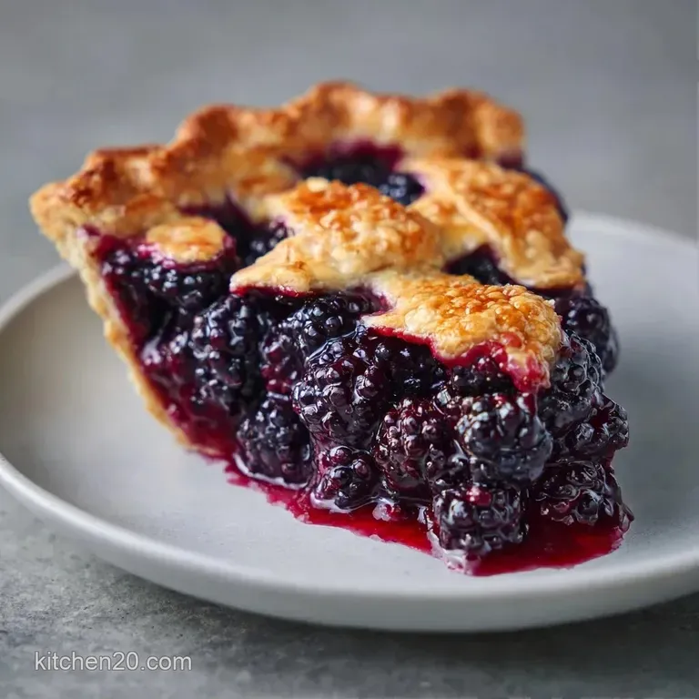 A slice of deep purple berry pie on a white ceramic plate with a scoop of melting vanilla bean ice cream.