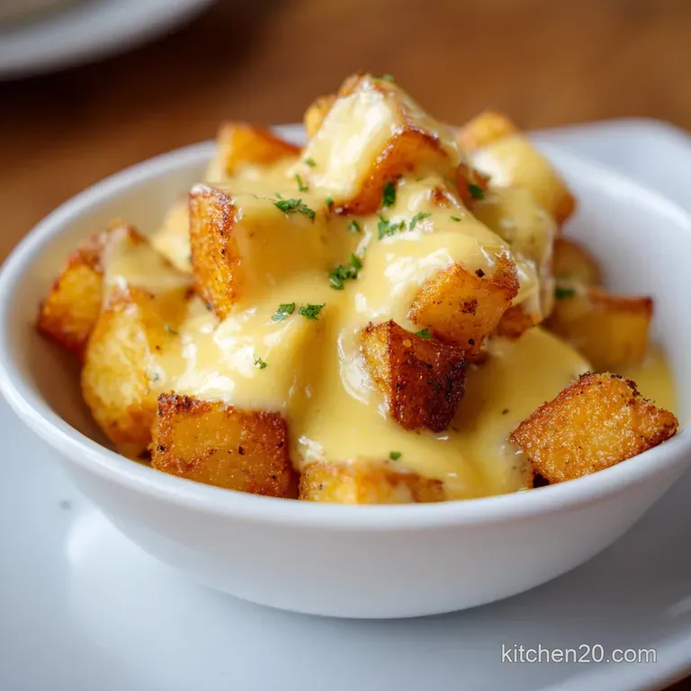 Elegant white bowl featuring buttery golden potatoes enveloped in a smooth, creamy sauce with a sprig of fresh parsley.