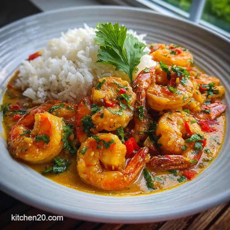 Elegant plating: plump shrimp bathed in golden curry sauce, garnished with cilantro sprigs, served in a white bowl.