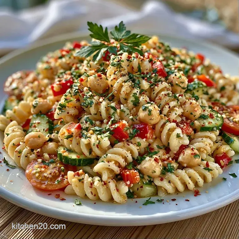 A large white ceramic bowl filled with vibrant pasta, crisp vegetables, and a sprinkle of fresh green parsley.