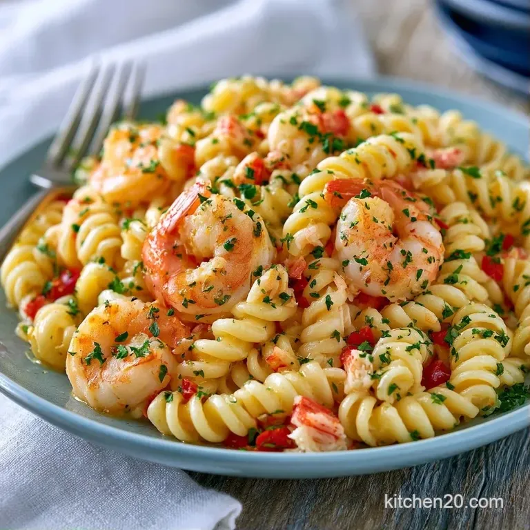Elegant white bowl showcasing a colorful mix of chilled seafood and pasta topped with a sprig of fresh dill.