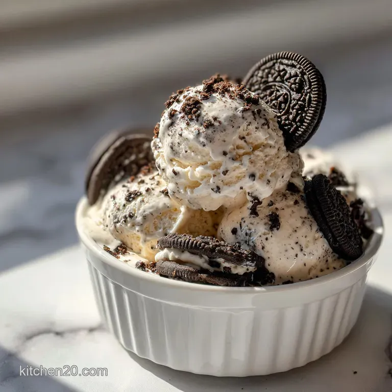 Scoops of cookies and cream ice cream in a glass bowl, topped with cookie pieces and a drizzle of dark chocolate syrup.