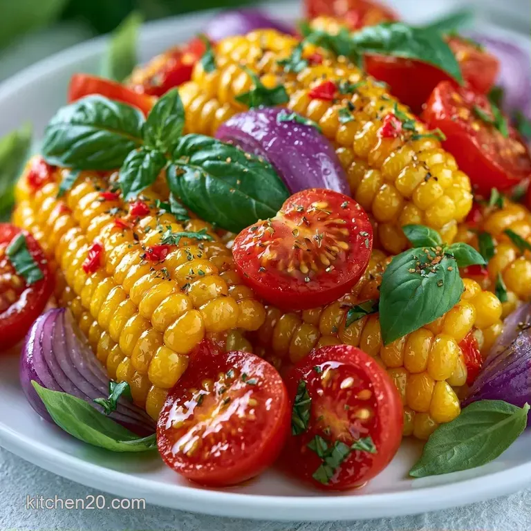 Bright yellow corn and halved red tomatoes mixed with fresh green herbs in a clear bowl on a rustic wooden table.