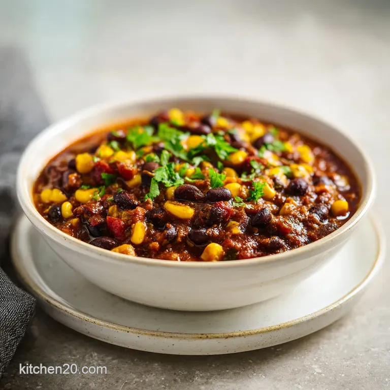 Steaming bowl of chili topped with bright cilantro, lime wedge, and a swirl of cream; vibrant against a rustic backdrop.