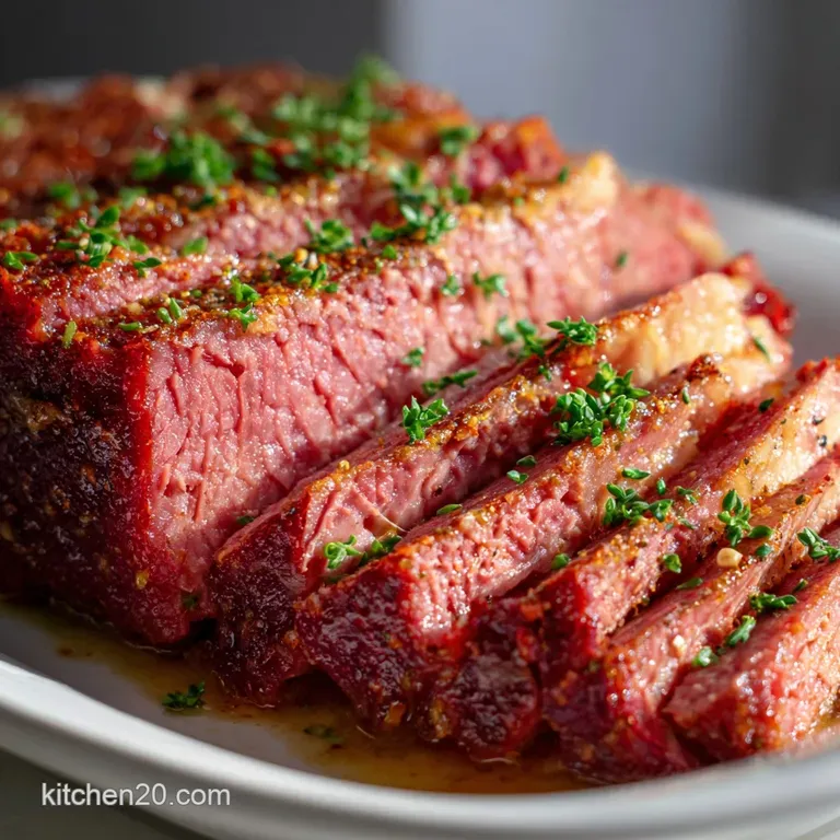 Plated portion of juicy, slow-cooked meat with corn, garnished with fresh herbs. Warm, comforting, inviting.