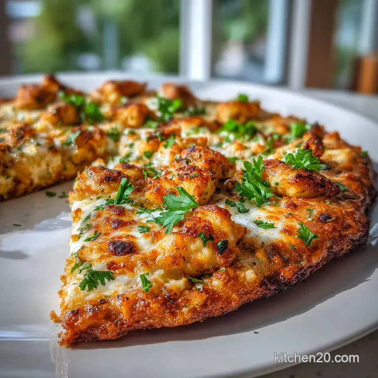 Slice of chicken crust pizza on a white plate, vibrant toppings, herbs. The crispy crust suggests a delightful alternative...