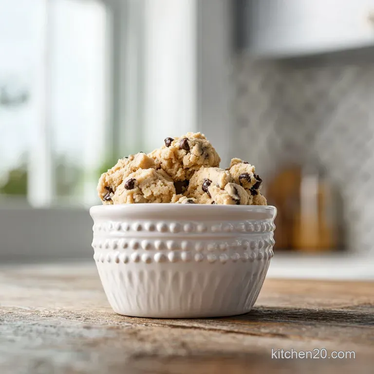 Neat stack of no-bake cookie dough bites, glistening slightly, with a sprinkle of coarse sea salt on a decorative plate.