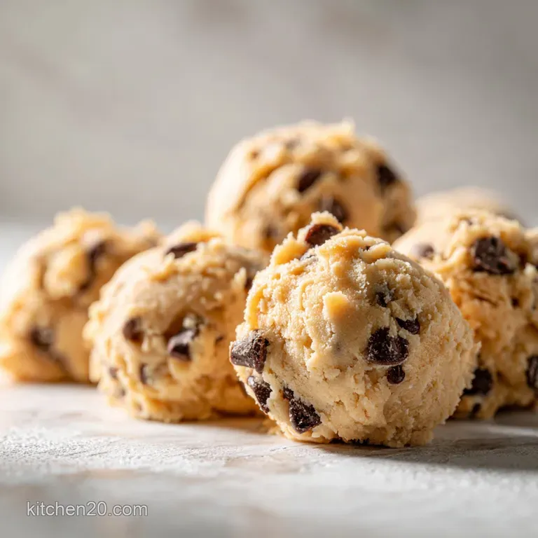 A single no-bake cookie dough ball, speckled with dark chocolate, sits on a plate, dusted with powdered sugar, ready to be...