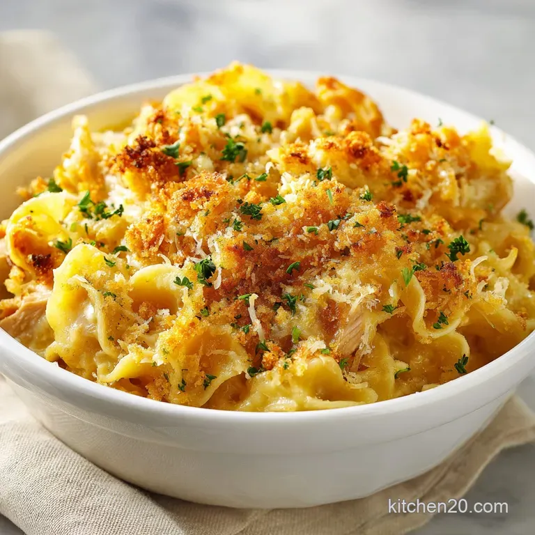 A generous scoop of chicken noodle casserole with a golden top, served invitingly on a white plate.